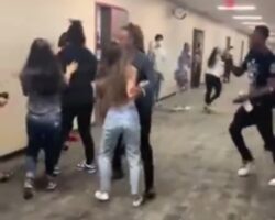 Girls are fighting in school hallway