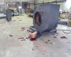 Mechanic was killed and dismembered by centrifugal extrator fan