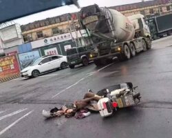 Motorcyclist crushed by cement truck