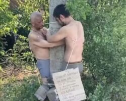Russian army deserters are tied to pole and tortured