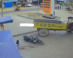 Biker slits his throat on piece of metal sticking out from light truck