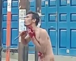 Mentally ill man stabbed himself in stomach and cut his throat in public