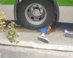 Pedestrian run over by reversing bus
