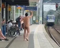 Naked man jumps from platform under oncoming train