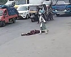 Reckless motorcyclist knocks down elderly woman at crosswalk