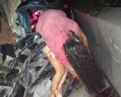 Venezuelan woman hanging out of crashed pick-up