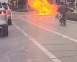 Motorcyclist caught in flames after crash