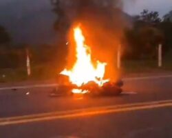 Motorcyclist engulfed in flames after collision with bus