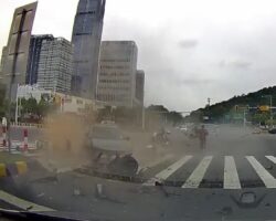 Speeding car slams into motorcyclist at crossroads