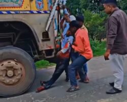 Impaled on truck bumper