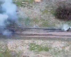 Russian soldier thrown several feet after being hit by drone strike