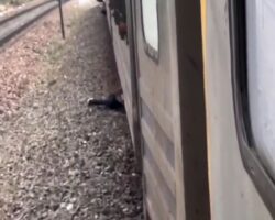Failed attempt to jump onto moving train