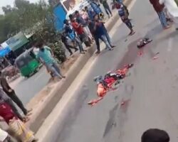 Female motorcyclist completely crushed in traffic accident