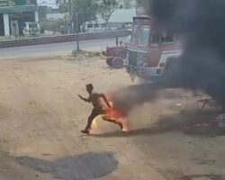 Man set on fire by explosion of thinner bottle