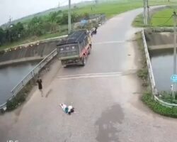 Woman on moped crashes into turning truck