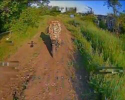 Russian soldier on motorcycle hit by drone strike