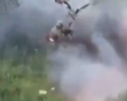 Russian soldier sent flying after being hit by artillery fire