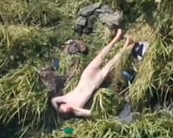 Explosion sends Russian soldier flying into pond