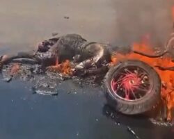 Motorcyclist burned to crisp in traffic accident