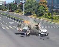 SUV speeds through intersection and hits tricycle