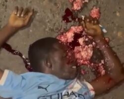 Brain scattered across asphalt after traffic accident